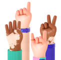 Several stylized raised hands.